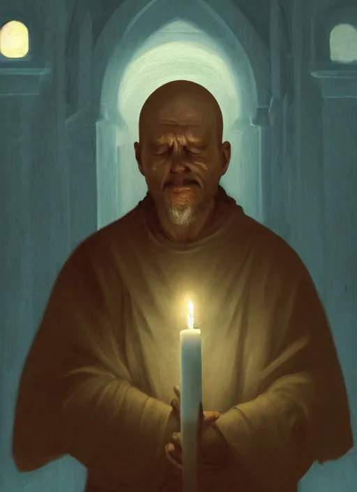 Image similar to oil painting portrait of a crying sad weeping sobbing tonsured dominican monk in a simple rough habit, kneeling in a blue cold moonlit empty small chapel at night, hazy, digital art, artstation, cinematic, moonlight, digital art painting by greg rutkowski, hazy atmosphere, candles, cinematic blue lighting