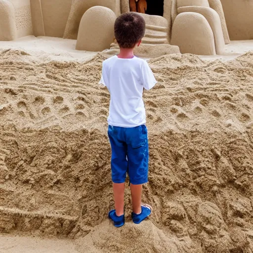 Prompt: kid standing on top of a huge sandcastle