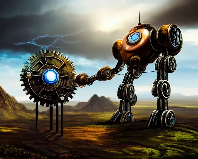 Image similar to two giand futuristic Sci-Fi robot fighting each other, landscape, steampunk, gears, close up, cloudy, mountains on background, peaceful day