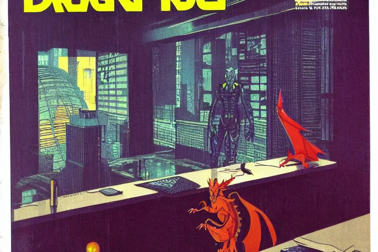 Image similar to 1979 Magazine Cover of a dragon figure at a desk with a large circular window to neo-Tokyo streets behind him. in cyberpunk style by Vincent Di Fate