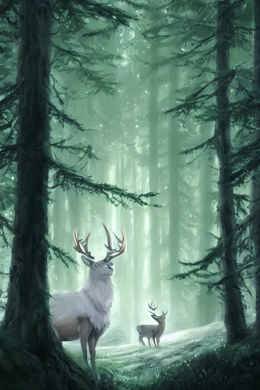 Image similar to Magical White Stag in the distance, lush evergreen forest, vivid colors, night scene, 4K, character concept art, oil painting, digital painting, painterly, cinematic lighting, rule of thirds, trending in artstation, cgsociety, by anato finnstark, Artgerm, Greg Rutkowski, Joseph Christian Leyendecker