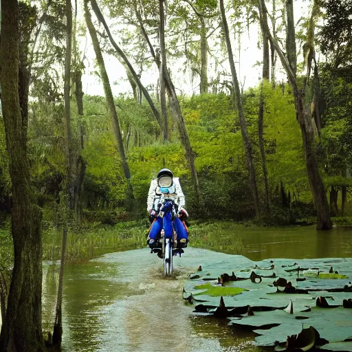 Image similar to A photo of an astronaut riding a horse in the forest. There is a river in front of them with water lilies.