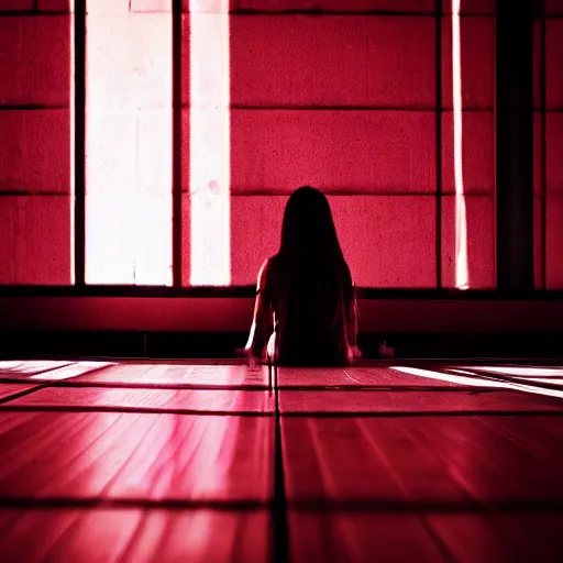 Prompt: she sees her shadow outlined in red light along the floor below