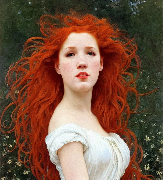 Prompt: intricate art nouveau portrait oil painting of redheaded young molly ringwald with long red hair blowing in the wind, mouth open, wearing a delicate white dress, in front of a carved screen, elegant, digital painting, smooth, sharp focus, illustration, ultra realistic, 8 k, by bouguereau, alphonse mucha, artgerm, and donato giancola