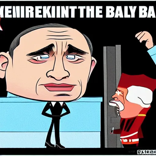 Image similar to vladimir putin being kicked out of a bar, cartoonish, in the style of genndy tartakovsky