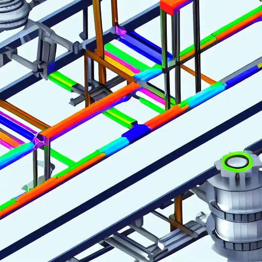 Prompt: grid - based factory. conveyor belts, gears, levers, buttons, pulleys. 3 d rendered. minimalist abstract white with rainbow accents and glass tubes. isometric view, clean.