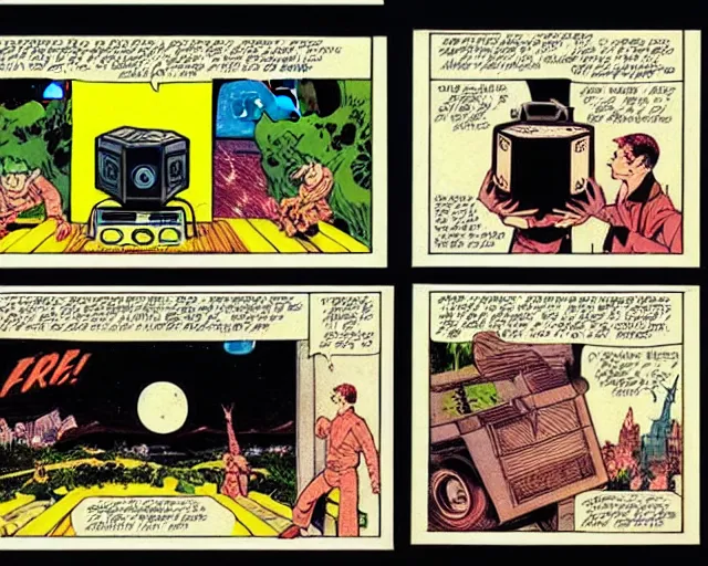 Image similar to three panels from a 1 9 3 0's comic book showing a big fat boombox, in front of a big moon, illustration, wide shot, muted colors, post grunge, concept art by josan gonzales and wlop, david rubin, mike mignola, laurie greasley, highly detailed, sharp focus, trending on artstation, hq, deviantart, art by artgem