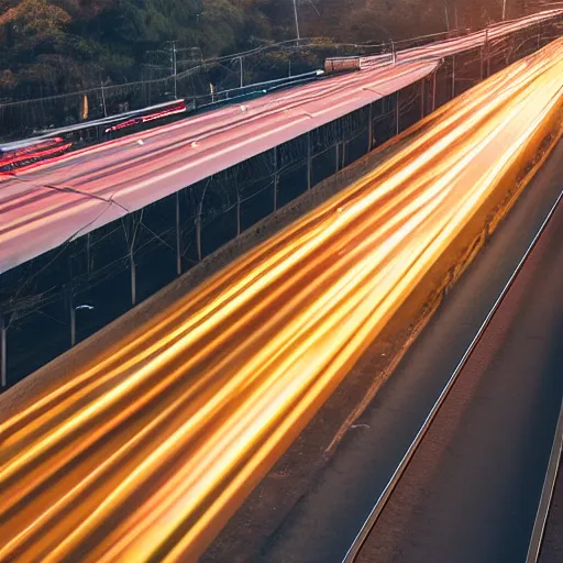 Image similar to a stunning aesthetic wallpaper of a highway full of traffic with a train track and bus lane, photograph by leon macapagal, 8 k, motion blur, soft focus, cinematic lighting, trending on flicker.