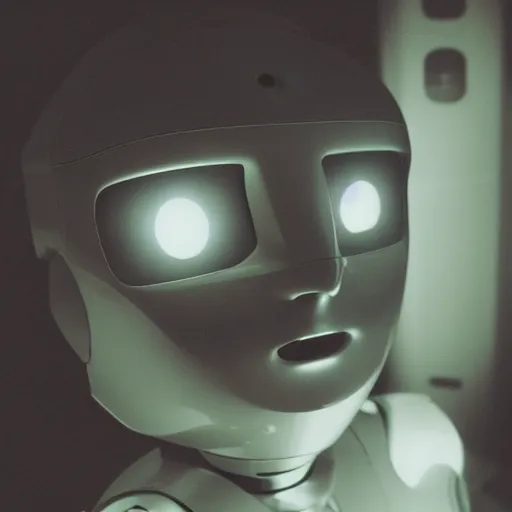 Prompt: close up portrait of a humanoid robot with a light bulb head and light is coming out of it, polaroid, photo taken in a back storage room, the robot's face has an uncanny valley quality, the robot has a sullen and forlorn look on its face, its face and body look almost human