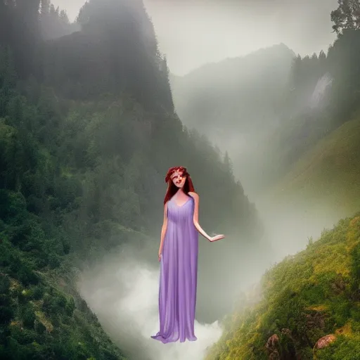 Prompt: ethereal goddess in a misty mountain valley, clipart