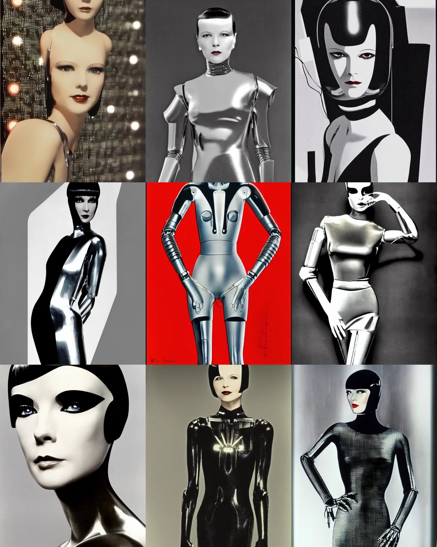 Prompt: mary louise brooks is half robot, chrome skin, 1 9 8 0 s airbrush, clean lines, futuristic, blade runner, dress made with circuit board