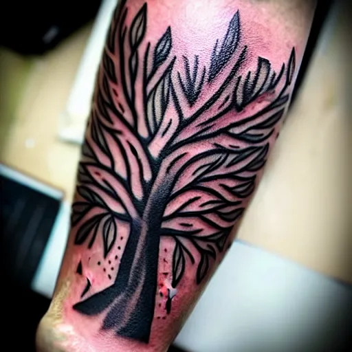 Image similar to traditional american tattoo art of a tree inside a rusted clock made of black liquid, tattoos exploding out, fine detail, sheet paper, white background