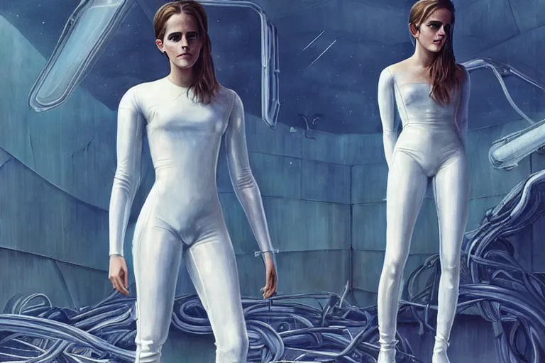 Image similar to beautiful painting of Emma Watson wearing a white leather jumpsuit in a futuristic house in the style of Simon Stålenhag and H. R. Giger, detailed, trending on Artstation