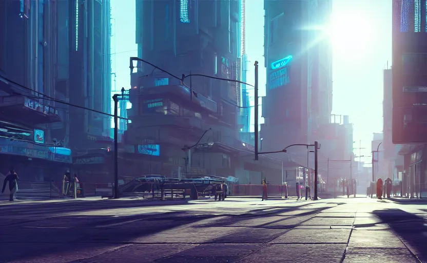 Image similar to photorealistic cyberpunk city streets. daylight. sunlight. lens flare. light fixtures. 8K. detailed. photorealism. artstation. 25mm f/1.7 ASPH Lens. ultra realistic