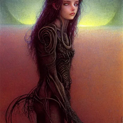 Image similar to cute young vampire tomboy girl with short short short dark hairs on lovecraftian planet by jean delville by luis royo and wayne barlowe, beksinski