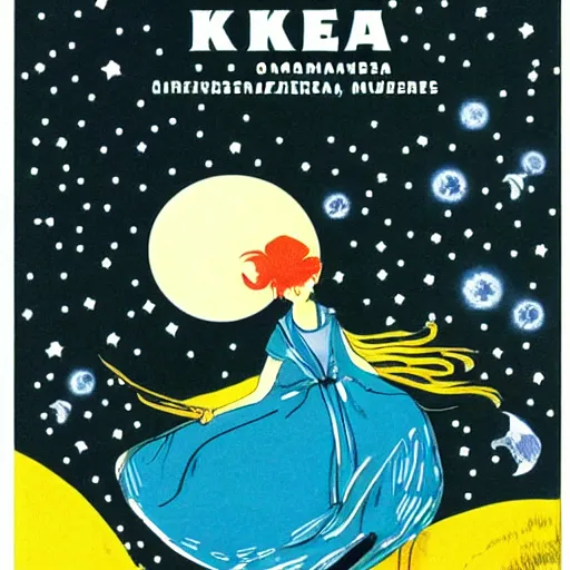 Image similar to ikea manual by osamu tezuka. a beautiful illustration of a woman with long flowing hair, wild animals, & a dark, starry night sky.