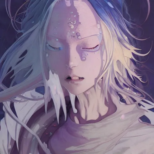 Image similar to god covered in bleach, with rhinestone eyes, covered in paralytic dreams, future pixels, illustration trending on artstation, anime. by hayao miyazaki and rossdraws and artgerm and greg rutkowski and alphonse mucha and studio ghibli and ilya kuvshinov. high quality, stunning, intricate detailed environment. 8 k