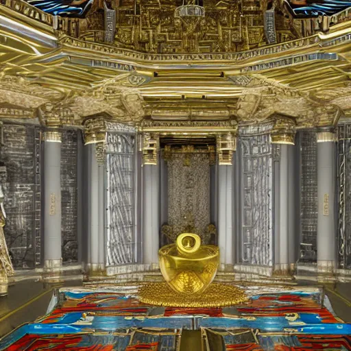 Image similar to high detail, hyperrealisitic, photo of god ln a futuristic temple