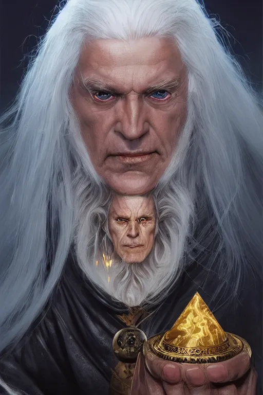 Prompt: An highly detailed portrait painting of Raistlin Majere with metallic golden skin, white hair, hourglass shaped eye irises, Staff with a dragon claw at the top holding a magic crystal, by Greg Rutkowski, Wizards of the Coast, Magic The Gathering, D&D, fantasy, Craig Mullins, trending on Artstation.