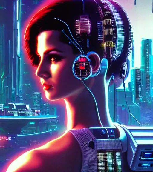 Prompt: cable plugged into cyberdeck, back of head, very very beautiful cyberpunk woman, computer, 1 9 7 9 omni magazine cover, style by vincent di fate, cyberpunk 2 0 7 7, very coherent, detailed, 4 k resolution, unreal engine, daz