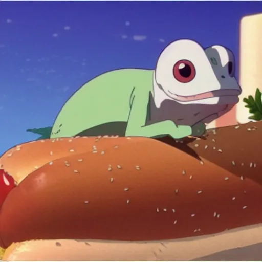 Image similar to a chameleon hiding in a hot dog, Makoto Shinkai, Studio Ghibli