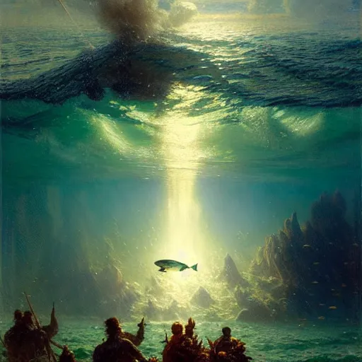 Image similar to point of view of deep in the ocean looking up, you see fishes, higher up you see very clearly the milk way illuminating the sea down bellow. highly detailed painting by gaston bussiere, greg rutkowski 8 k