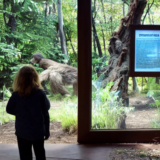 Prompt: bigfoot exhibit at the zoo, people watching bigfoot groups from behind glass