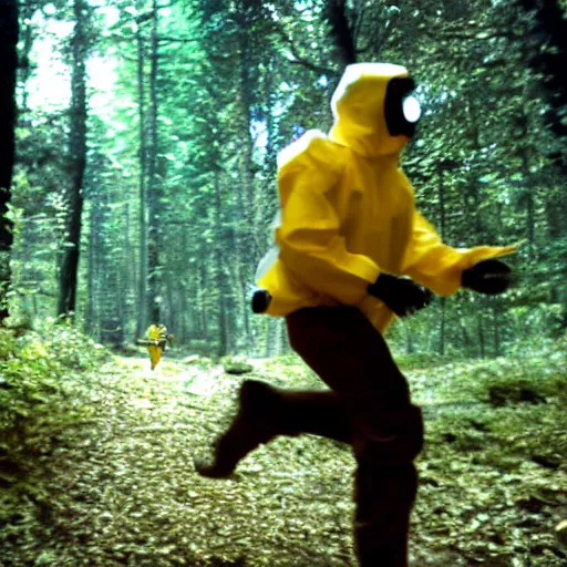 Prompt: a man wearing a hazmat suit, and sci fi visor, running through woods, arriflex, national geographic, wide shot