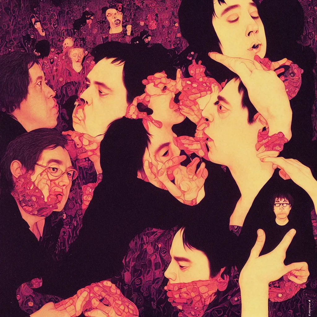 Image similar to weird and disturbing portrait of bill hicks kissing todd solondz, vivid colors, neon, art by ( ( ( kuvshinov ilya ) ) ) and wayne barlowe and gustav klimt and artgerm and wlop and william - adolphe bouguereau