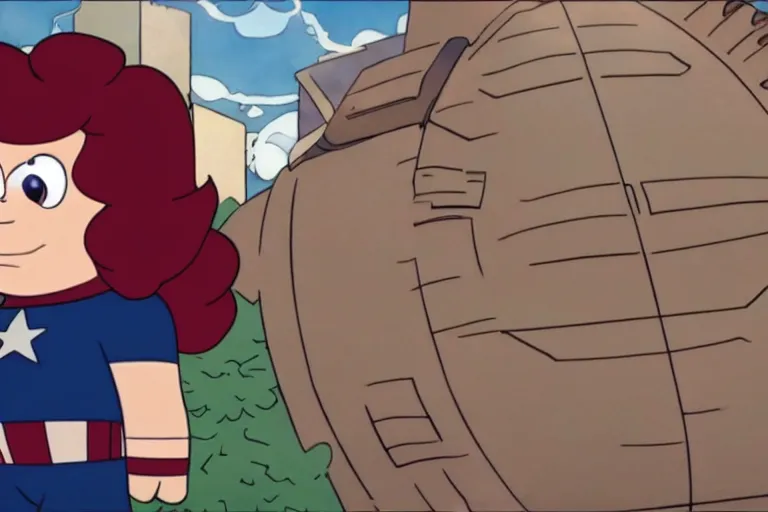 Prompt: steven universe wearing captain america's suit, chubby 1 6 - year old boy with curly brown hair, screenshot from steven universe ( 2 0 1 3 )