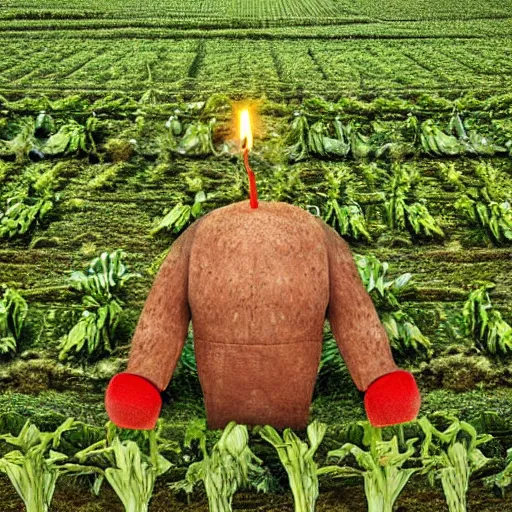 Prompt: a big giant made of vegetables standing in a field holding a green candle above his head, photo realistic, realistic lighting s