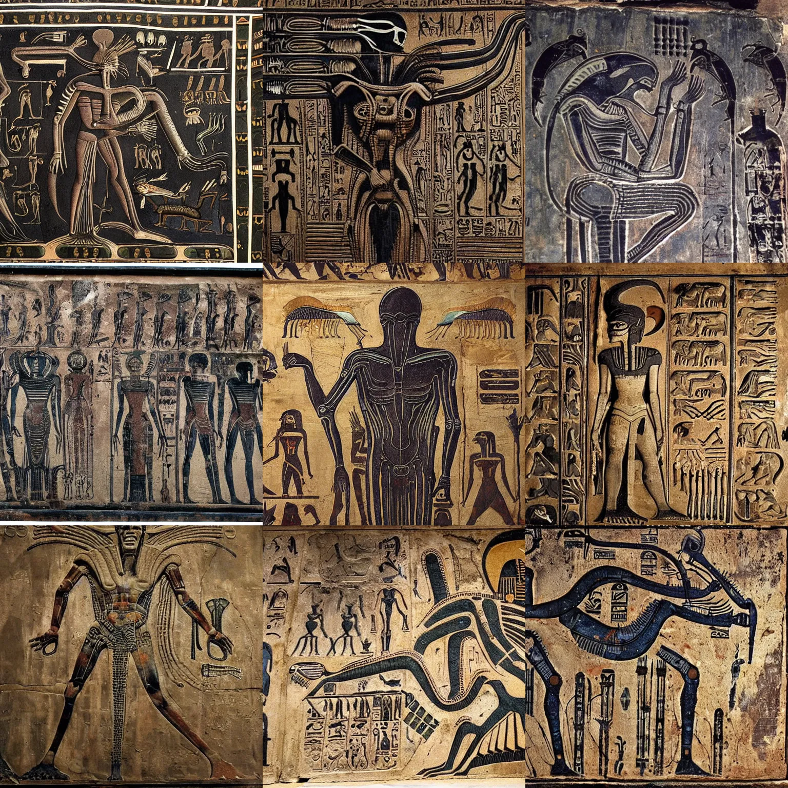 Image similar to [ xenomorph ] [ giger ] [ alien ] from movie aliens painted on highly intricate ancient egyptian mural art, with many hieroglyphs