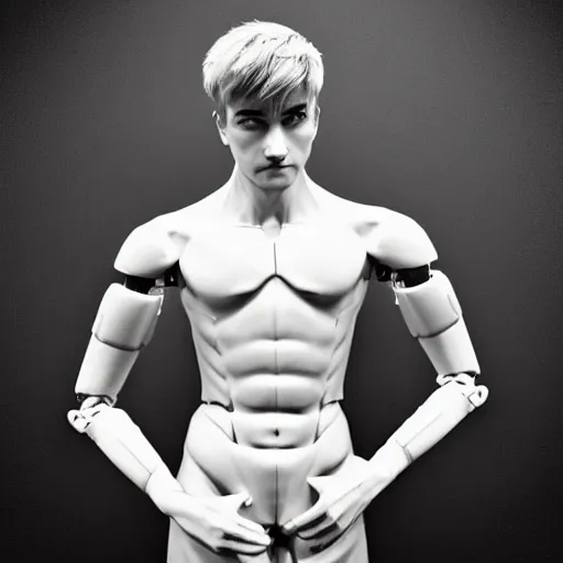 Image similar to “a realistic detailed photo of a guy who is an attractive humanoid who is half robot and half humanoid, who is a male android, twitch streamer Ninja Tyler Blevins, shiny skin, posing like a statue, blank stare, living room”