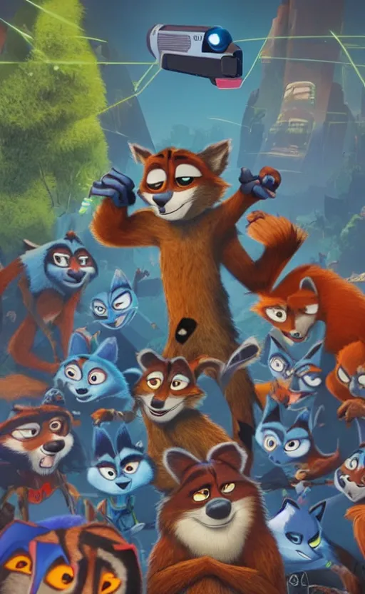 Image similar to “red racoons facing off with blue racoons in the style of zootopia, they’re all holding a laser gun”