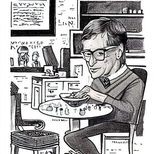 Image similar to New Yorker cartoon of Bill Gates eating a bowl of crickets
