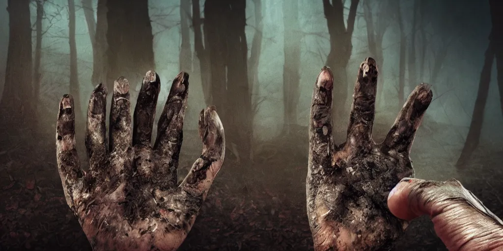 Image similar to a hand of a forest giant, closeup, dirty nails, bridge to terabithia, fantasy, fog, digital art, studio lighting, deep colors