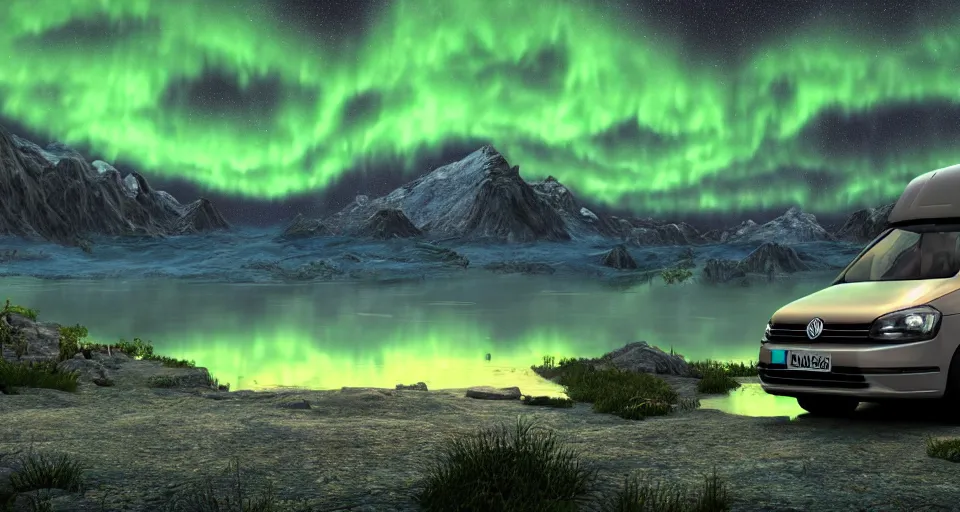 Image similar to An epic fantasy style landscape painting of a Mountainrange and a lake, with a starry sky and milkyway and breathtaking aurora and a beige Volkswagen Caddy Campervan 4x4, a glacier can be seen in the distance, unreal 5, DAZ, hyperrealistic, octane render, volumetric clouds dynamic lighting