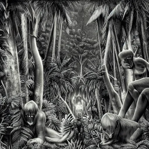 Image similar to « dark jungle, lost group of humans, detailed, far view »