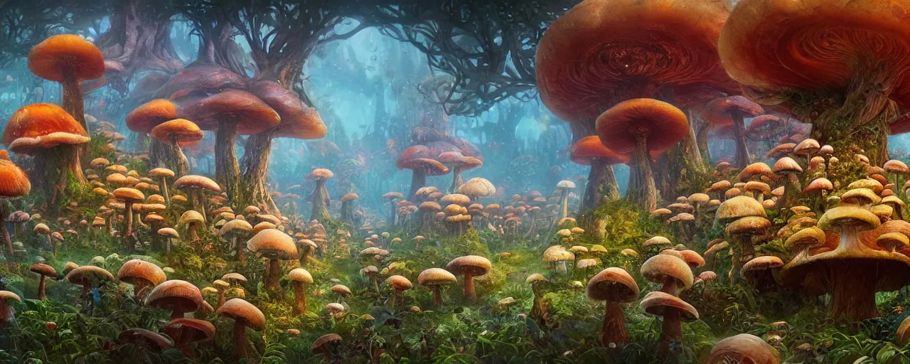 Image similar to ” whimsical world of giant mushrooms, flowers, trees, twisted roots and happiness, [ by paul lehr, cinematic, detailed, epic, widescreen, opening, establishing, mattepainting, photorealistic, realistic textures, octane render ] ”