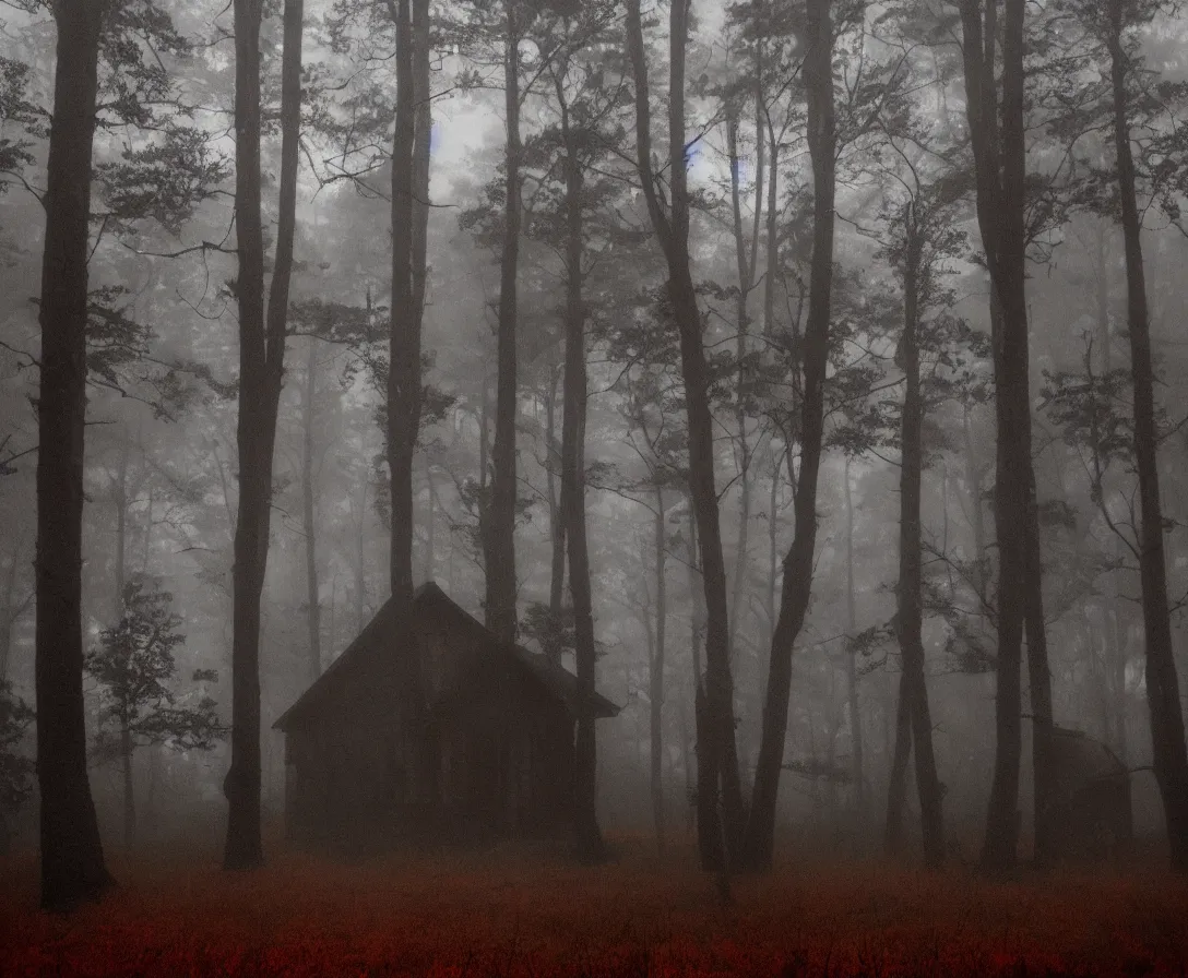 Prompt: a creepy cabin in the middle of a foggy haunted forest, nightmare, horror, haunting, soft tones, red sky, ominous lighting, dark, stormy