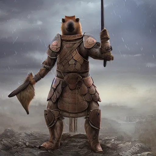 Prompt: realistic anthropomorphic capybara warrior in full armor, matte painting, highly detailed