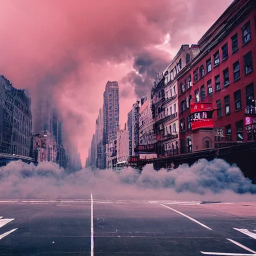 Image similar to destroyed new york city, war, real, blue sky, smoke, red clouds, detailed, award winning, photograph, cinematic