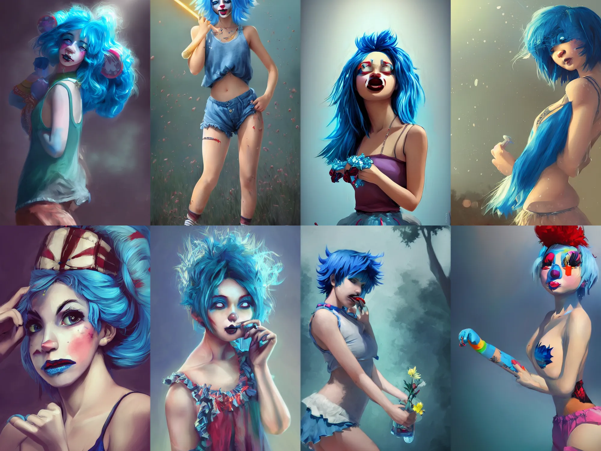 Prompt: hd photograph of a pretty clown girl with blue hair, wearing a tank top and shorts, blowing blubbles, summer day, in the style of ilya kuvshinov, dramatic lighting, fantasy, elegant, highly detailed, photorealistic, digital painting, bokeh, hdr, high resolution, artstation, concept art, smooth, sharp focus