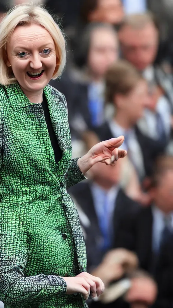 Image similar to liz truss shedding her skin to reveal she's actually a reptile