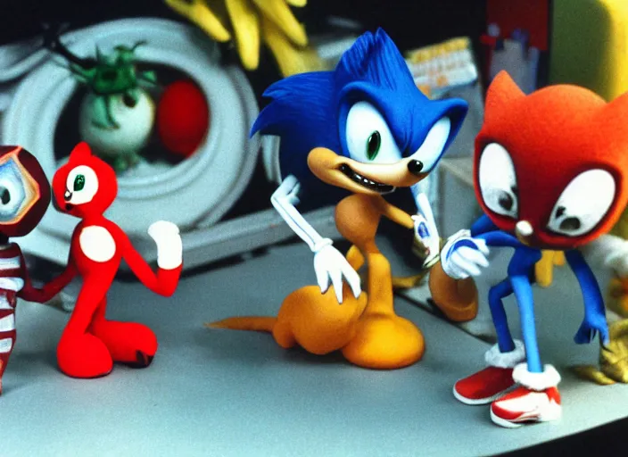 Image similar to still from a 1 9 9 2 live - action stop - motion puppetry tv show by tim burton starring sonic the hedgehog and tails and dr. robotnik and robotic animals in dioramas. everything is made of plasticine, fabric, and other physical materials. photographic ; realistic ; highly - detailed.