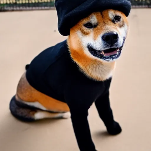Prompt: photo of a Shiba Inu dog wearing a beret and black turtleneck