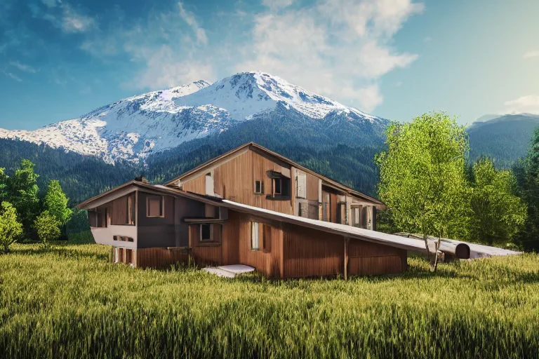 Image similar to modern fachwerk house settlement with in the forest with Elbrus mountain on the background, architecture, 3d render 8k , high details