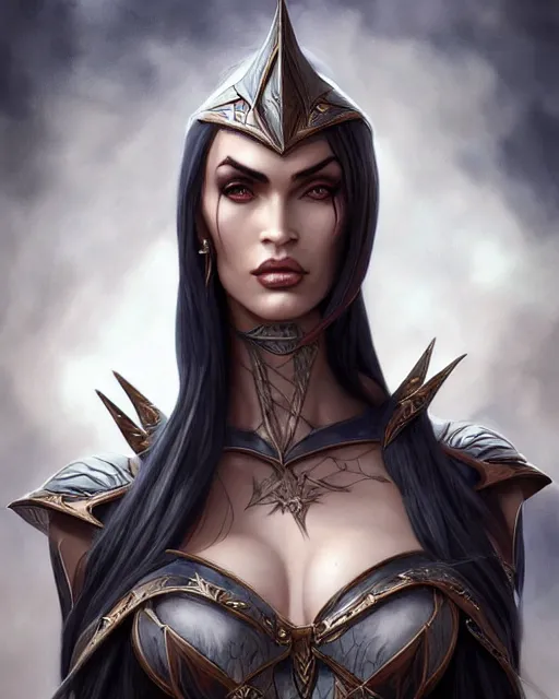 Image similar to megan fox dark elf princess, highly detailed, d & d, fantasy, highly detailed, digital painting, trending on artstation, concept art, sharp focus, illustration, global illumination, shaded, art by artgerm and greg rutkowski and fuji choko and viktoria gavrilenko and hoang lap