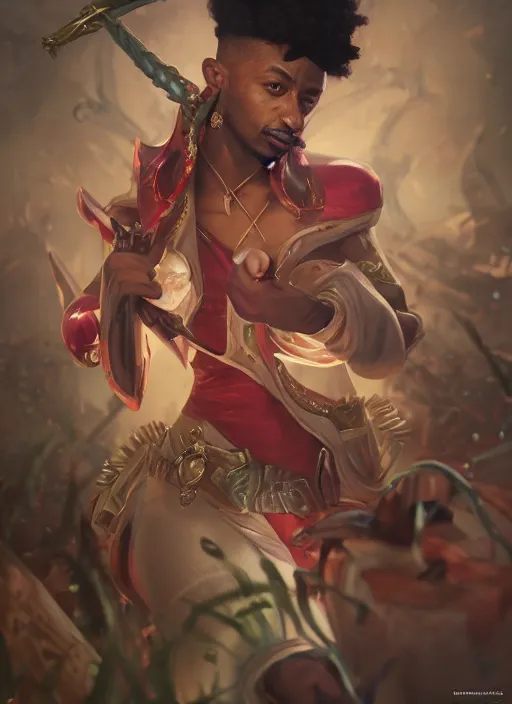 Image similar to 2 1 savage, from league of legends, hyper detailed, digital art, trending in artstation, cinematic lighting, studio quality, smooth render, fluorescent skin, unreal engine 5 rendered, octane rendered, art style by klimt and nixeu and ian sprigger and wlop and krenz cushart