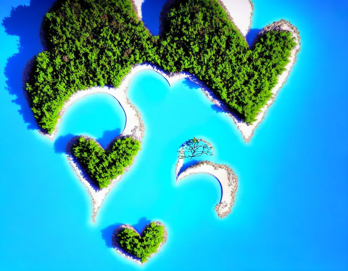 Image similar to realistic photograph of exotic tree heart / shaped island with blue lagoon, tranquil scene